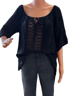 Relaxed Black Crochet-Front Peasant Blouse